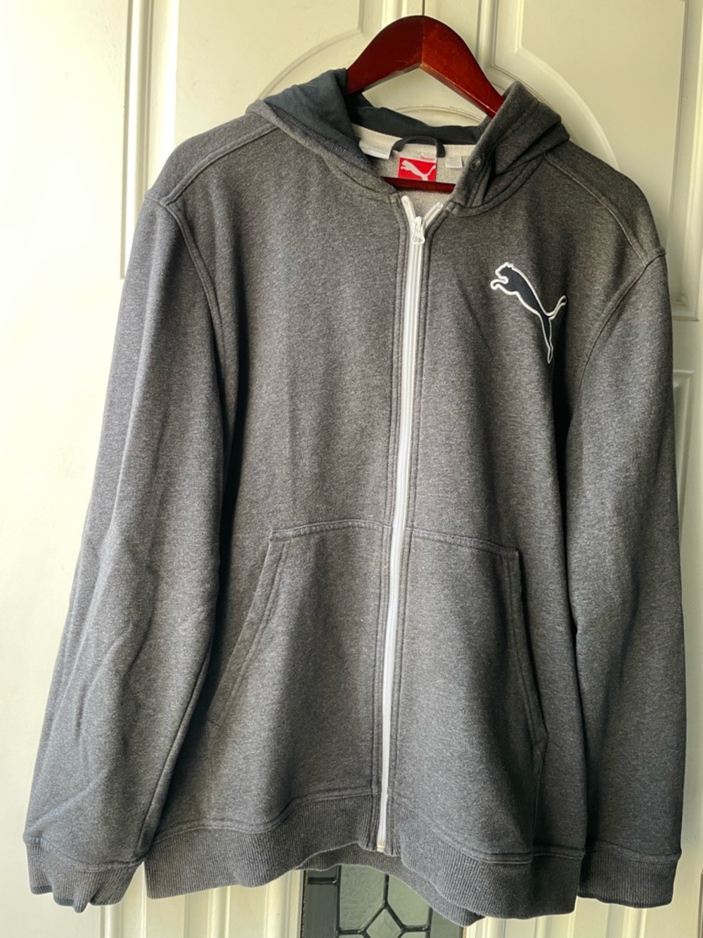 Puma Charcoal Gray Zip Hoodie with White Logo. Size: L